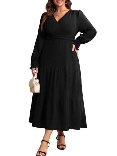RWJ Women's Plus Size Fall Wedding Guest Dress Long Sleeve Maxi with Pocket - color: Black, size: Large Plus