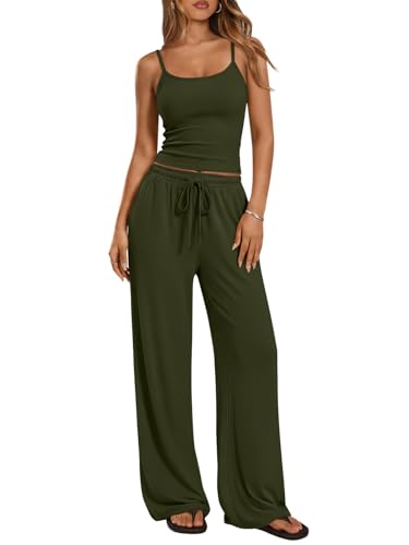 Trendy Queen Womens 2 Piece Lounge Set Summer Camisole Top & Wide Leg Pants - color: Army Green, size: Medium