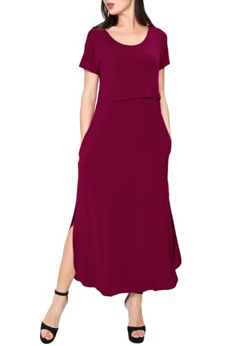Smallshow Women's Maternity Nursing Dresses Split Long Dress for Breastfeeding - color: Burgundy, size: XX-Large