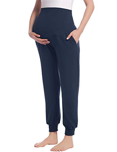 Joyaria Women's Cotton Maternity Jogger Pants Over The Belly with Pockets - color: Navy Blue, size: XX-Large