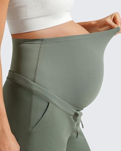 G4Free Pregnancy Shorts Over Bump Drawstring Postpartum Shorts with Pockets Summer Maternity Workout Yoga Casual(Gray Sage,M)