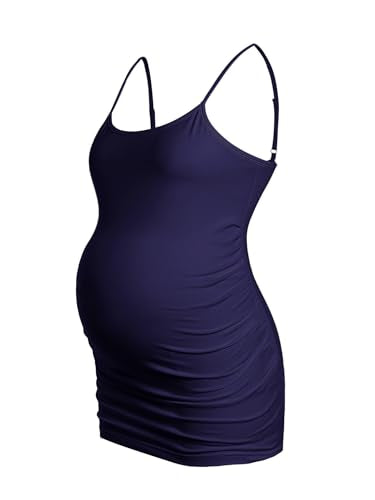 BEAUDRM Women's 3 Pack Maternity Tank Tops Casual Ruched Spaghetti Strap Pregnancy Cami Top Camisole - color: Blue Red White, size: Large