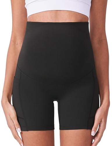 POSHDIVAH 3/4 Pack Maternity Biker Shorts Over The Belly with Pockets 5"/8" - color: Black/Grey/Wine 5", size: Small