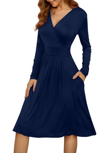 WEACZZY Women's Long Sleeve V Neck Casual Fall Dresses with Pockets - color: 01 Long Sleeve Navy Blue, size: XX-Large