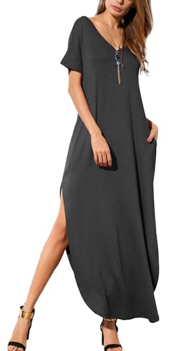 GRECERELLE Women's Summer Maxi Dress Casual Loose V Neck Short Sleeve Side Split Long Dresses with Functional Pockets - color: Dark Gray, size: X-Large
