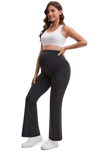 Women Maternity Flare Leggings with Pockets Over The Belly, Buttery Soft Pregnancy Yoga Work Pants - size: Medium