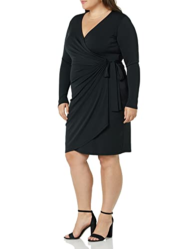 Amazon Essentials Women's Long Sleeve Classic Wrap Dress, V Neck, Pleated, Midweight Fabric (Available in Plus Size) - color: Black, size: Medium