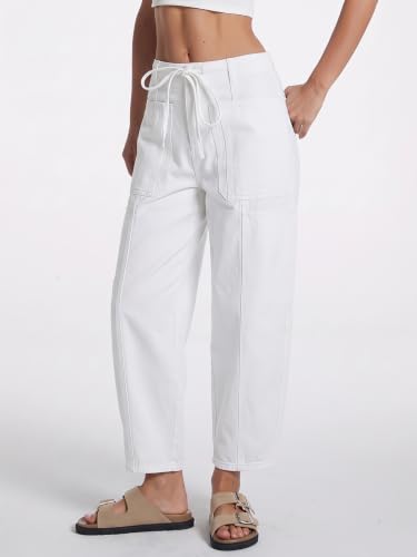 Drawstring Barrel Jeans for Women Elastic Waist Baggy Wide Leg Denim Pants - color: White, size: X-Large
