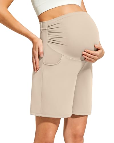 G4Free ShiftReady Maternity Shorts with Pockets Over The Belly Pregnancy Summer Casual Daily Clothes - color: Light Khaki, size: Medium
