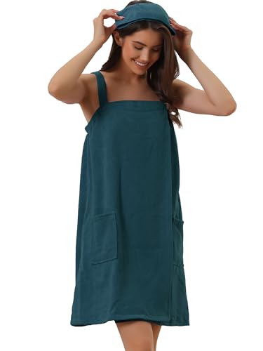 cheibear Women Terry Towel Dress Wrap Bathrobe with Pockets Headband - color: Green, size: Medium