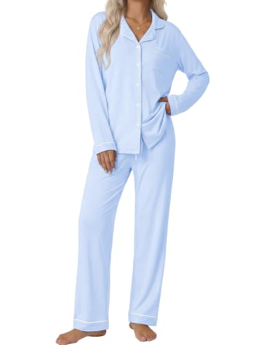 Ekouaer Pajamas Womens Long Sleeve Sleepwear Button Down Loungewear Pjs Set - color: Blue, size: X-Large