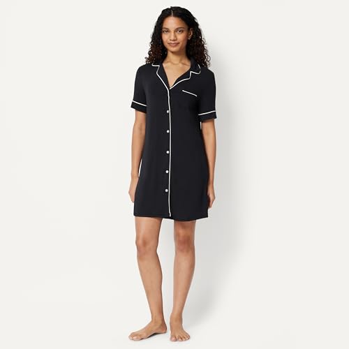 Amazon Essentials Women's Modal-Blend Nightgown, Short Sleeve Button-Down - color: Black, size: Medium