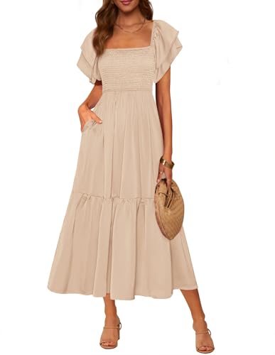 MASCOMODA Womens Summer Casual Smocked Flowy Midi Dress - color: Apricot, size: X-Large