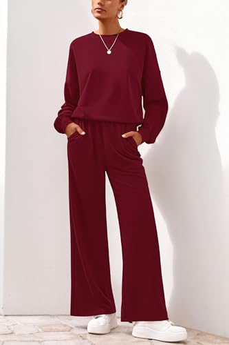 PRETTYGARDEN Women 2 Piece Outfits Fall Sweatsuit Lounge Set - color: Burgundy, size: Small