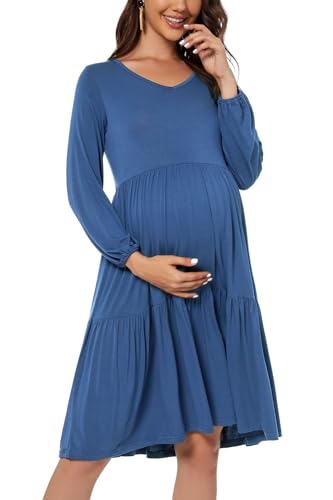 Smallshow Women's Maternity Dress Ruffle Long Sleeve Pregnancy Clothes - color: Grey Blue, size: XX-Large