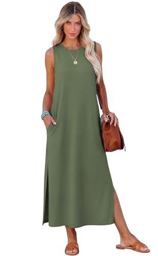 RUMIA Womens Summer Dresses Sleeveless Long Dress with Pockets - color: Army, size: Medium