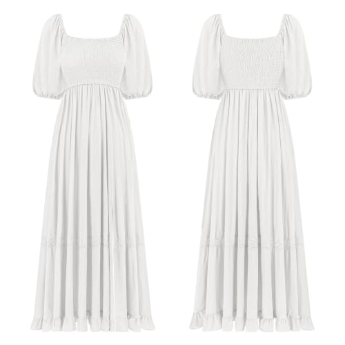 R.Vivimos Women's Summer Square Neck Smocked Slit Maxi Dress - color: White, size: Medium