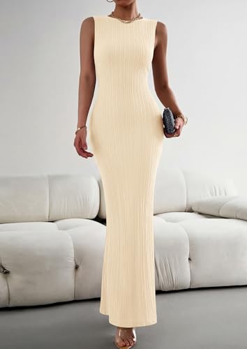 PRETTYGARDEN Women's Knit Bodycon Maxi Going Out Dresses - color: Apricot, size: Small