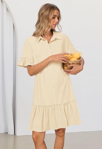 MEROKEETY Women's Summer Casual Tshirt Dress Button Down Shift Mini Dresses - color: Beige, size: Small