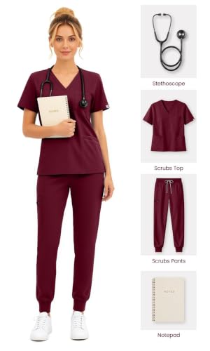 Scrubs for Women Set, V-Neck Top & Jogger Pants - color: Burgundy, size: Medium