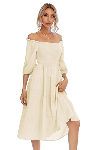 R.Vivimos Women's Cotton Off-Shoulder A-Line Midi Dresses - color: Beige, size: Small