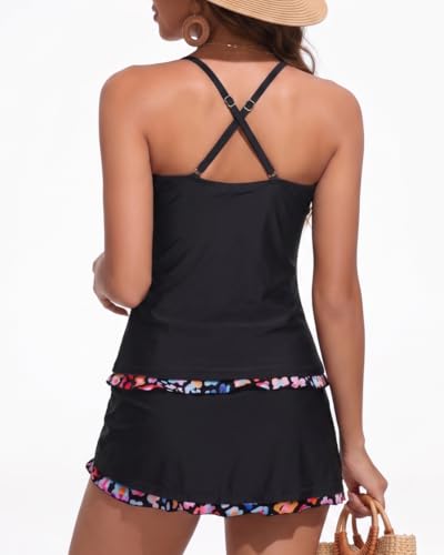 Women Tankini Swimsuits with Skirt Two Piece Tummy Control Bathing Suit - color: Leopard and Black, size: X-Large
