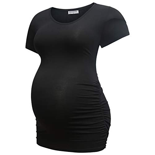 Bearsland Womens Maternity Tshirt 3 Packs Classic Side Ruched Tee Top Mama Pregnancy Clothes - color: Black+russetred+witstripe(3pcs), size: Small