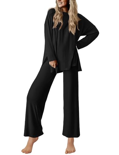 Ekouaer Lounge Sets for Women Long Sleeve Pajamas Fall Loungewear - color: Black, size: Medium