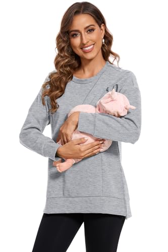 Smallshow Women's Nursing Sweatshirt Long Sleeve Breastfeeding Tops - color: Light Grey, size: X-Large