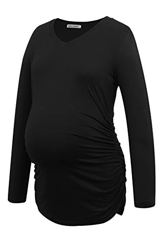 Smallshow Women's V-Neck Maternity Shirt Clothes Long Sleeve Ruched Pregnancy Top - color: Black-deep Grey-light Grey(3 Pack), size: Small