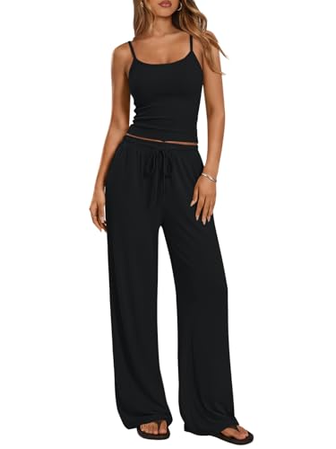 Trendy Queen Womens 2 Piece Lounge Set Summer Camisole Top & Wide Leg Pants - color: Black, size: Small