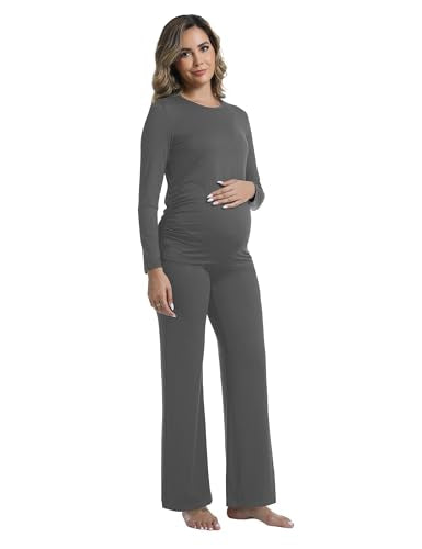 Womens Maternity Pajamas 2 Piece Set Sleepwear - color: Dark Grey, size: Large