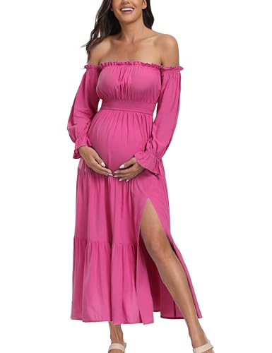 Boho Off Shoulder Maternity Dresses, Long Sleeve Side Split Flowy A Line Tiered Maxi Dress for Baby Shower Photoshoot - color: Rose, size: Medium
