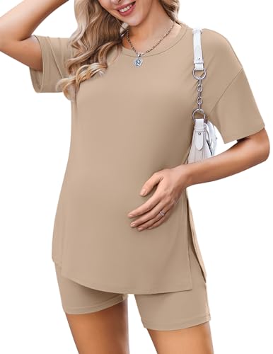 Ekouaer Maternity Sets 2 Piece Outfits Summer Caual Pregnancy Loungewear - color: Khaki, size: Medium