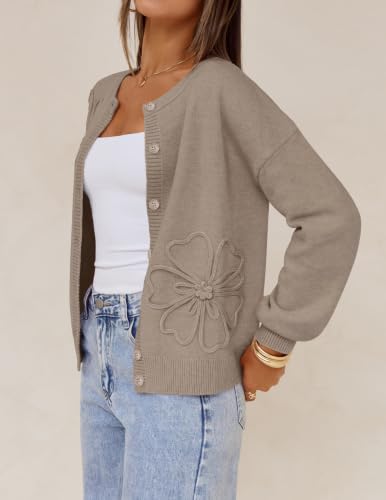 MEROKEETY Women's Fall Floral Button Up Lightweight Cardigan Sweater Trendy - color: Camel, size: Large