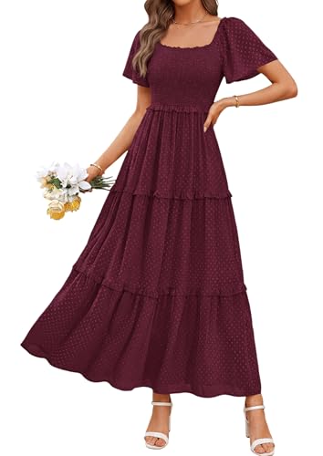 PRETTYGARDEN Womens Summer Dresses Boho Maxi Swiss Dot Dress - color: Wine Red, size: XX-Large