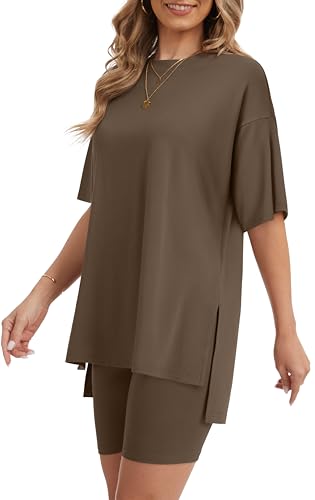 RUBZOOF Women 2 Piece Lounge Sets Summer Outfits Shorts Set - color: Coffee, size: X-Large