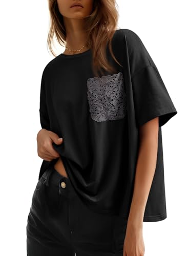 Dokotoo Womens Tops Summer 2026 Oversized T Shirts Lace Pockets - color: Black, size: XX-Large