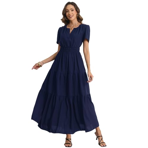Rainday Maxi Dresses for Women Short Sleeves Casual Dress with Pockets - color: Z3918sbu, size: Small
