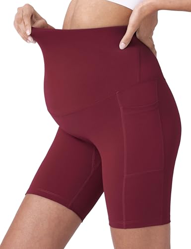 POSHDIVAH Maternity Biker Shorts Over the Belly with Pockets 5"/8" - color: Wine Red, size: X-Large