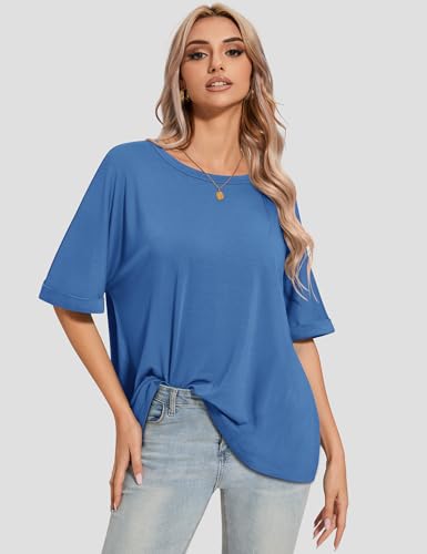 UEU Women's Oversized Crewneck T-Shirt Casual Loose Tunic Tops - color: Blue, size: X-Large
