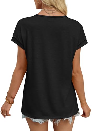 WIHOLL Womens Summer Tops 2026 Cap Short Sleeve Shirts V Neck Tshirts Spring Blouses Beach Vacation Clothes - color: Solid Black, size: Large