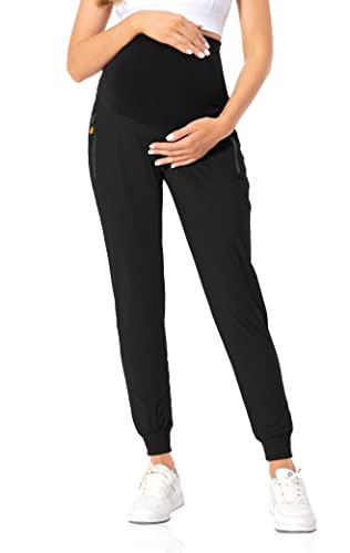 V VOCNI Maternity Joggers Quick-Dry Pregnancy Scrub Pants - color: 01-black, size: X-Large