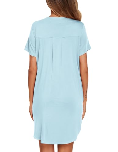 Ekouaer Nightgowns for Women Button Down Sleepshirts V Neck Sleep Dress - color: Light Blue, size: Medium