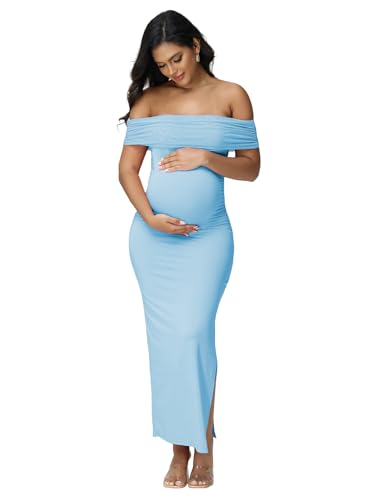 Women's Maternity Mesh Off Shoulder Party Long Dress Baby Shower - color: Blue, size: X-Large