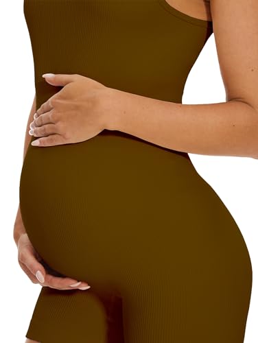 BDITANLE Maternity Workout Romper Pregnancy Yoga Ribbed One Piece Seamless Tank Top Jumpsuit - color: 05brown, size: Medium