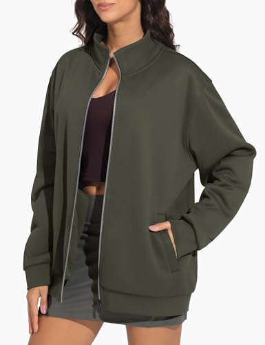 THE GYM PEOPLE Women's Oversized Zip Up Sweatshirts Fleece Mock Neck Jacket - color: Dark Brown, size: Large