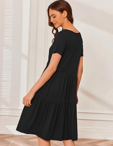 Maternity Dress Summer Short Sleeve Casual Nursing Dresses Breastfeeding - color: Black, size: Small