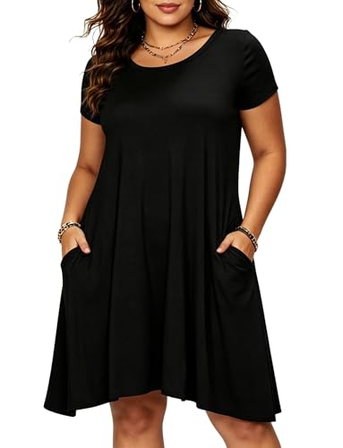 Afibi Womens Short Sleeve Loose Pockets Dress Casual Swing T-Shirt Dresses - color: Black, size: XX-Large