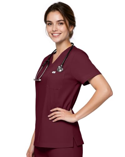 Scrub Tops for Women, Stretch V-Neck Scrub Tops - color: Burgundy Red, size: XX-Large
